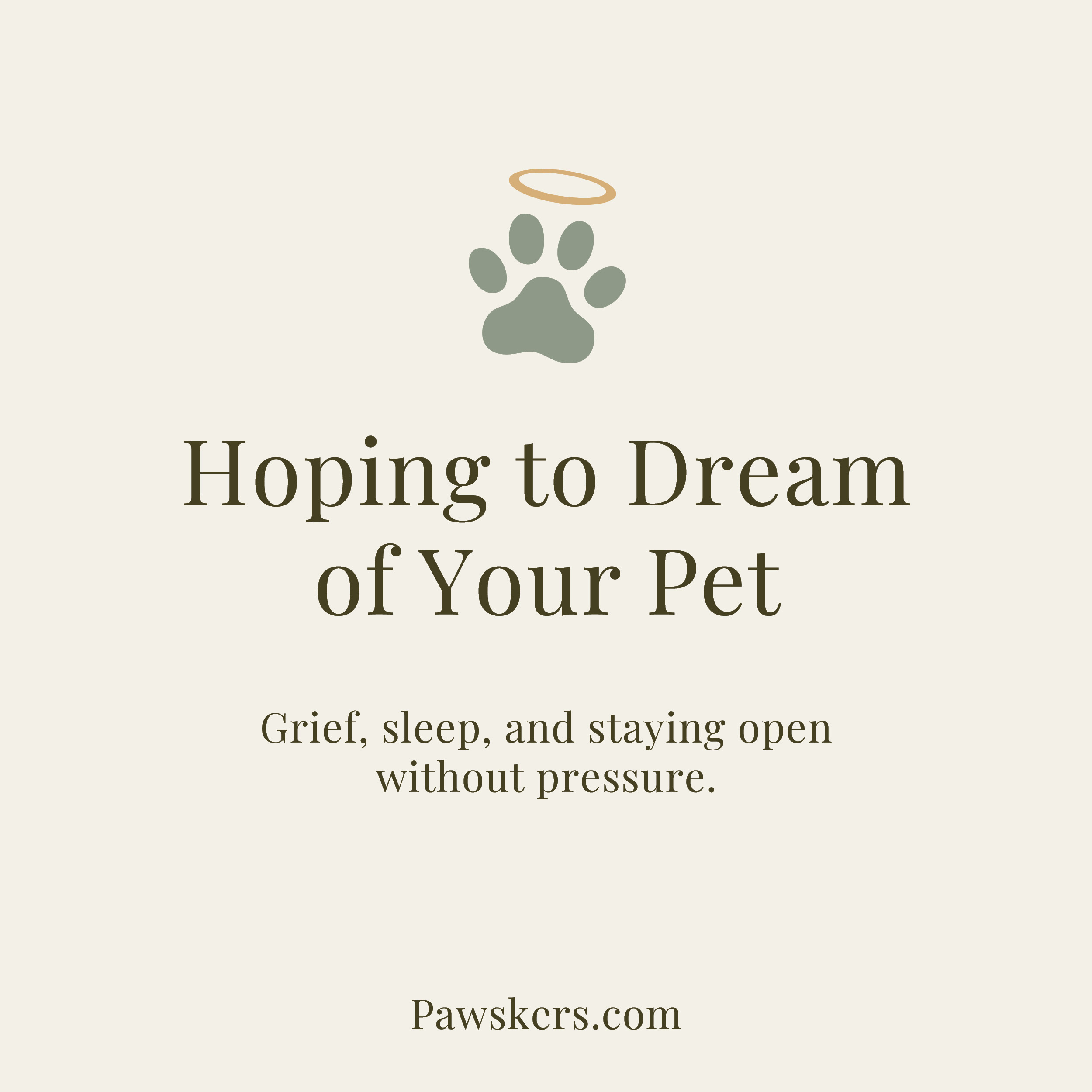 Minimalist beige Pawskers featured image reading “Hoping to Dream of Your Pet” with subtitle about grief, sleep, and staying open without pressure.