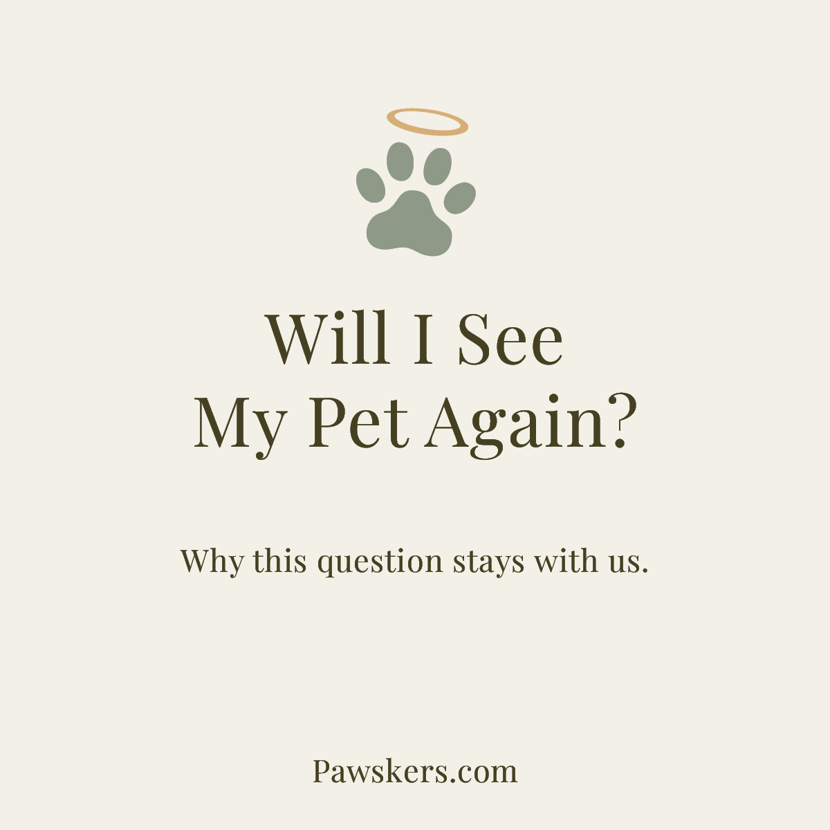 Minimalist featured image reading “Will I See My Pet Again?” with halo paw icon and subtitle about reunion after pet loss