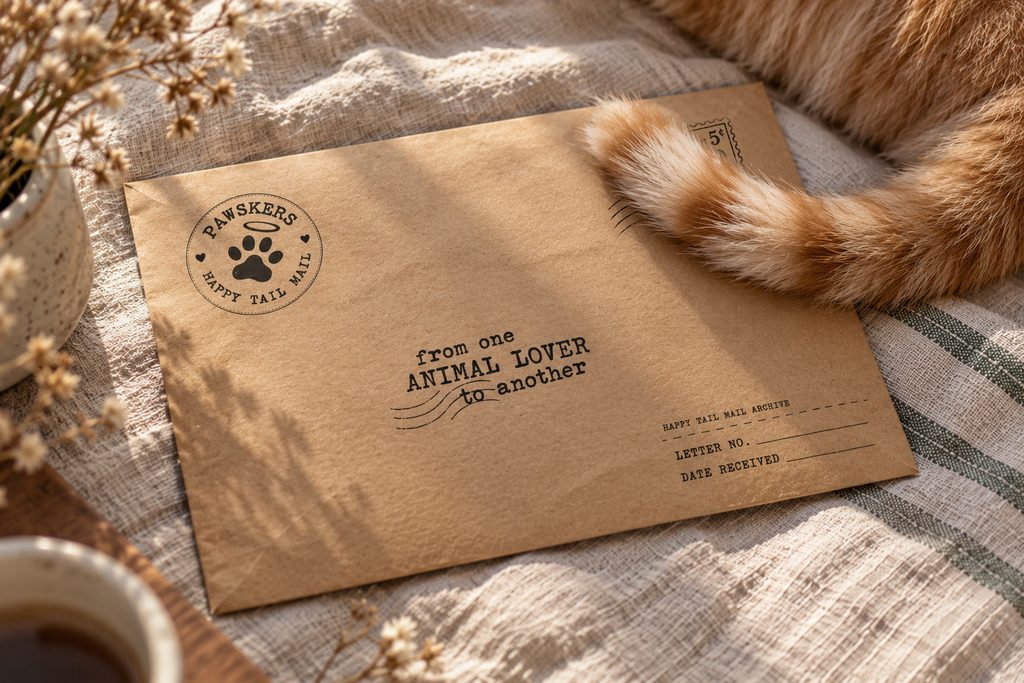 Happy Tail Mail envelope with a cat’s tail.