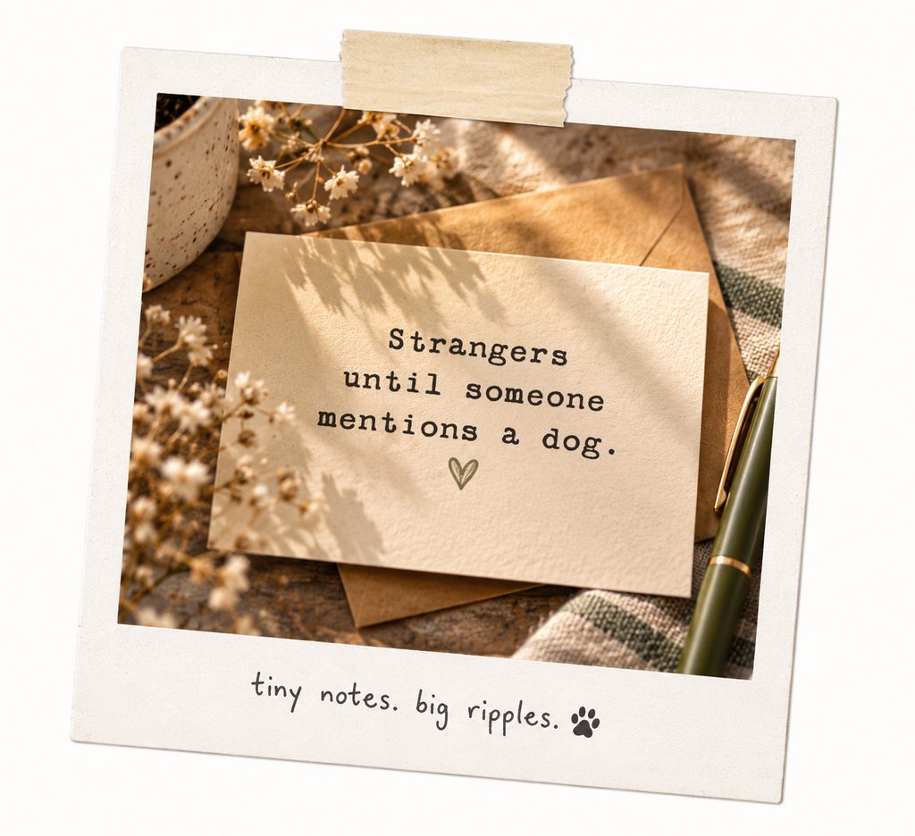 Polaroid of a cat’s paw on a Happy Tail Mail envelope, captioned tiny notes, big ripples